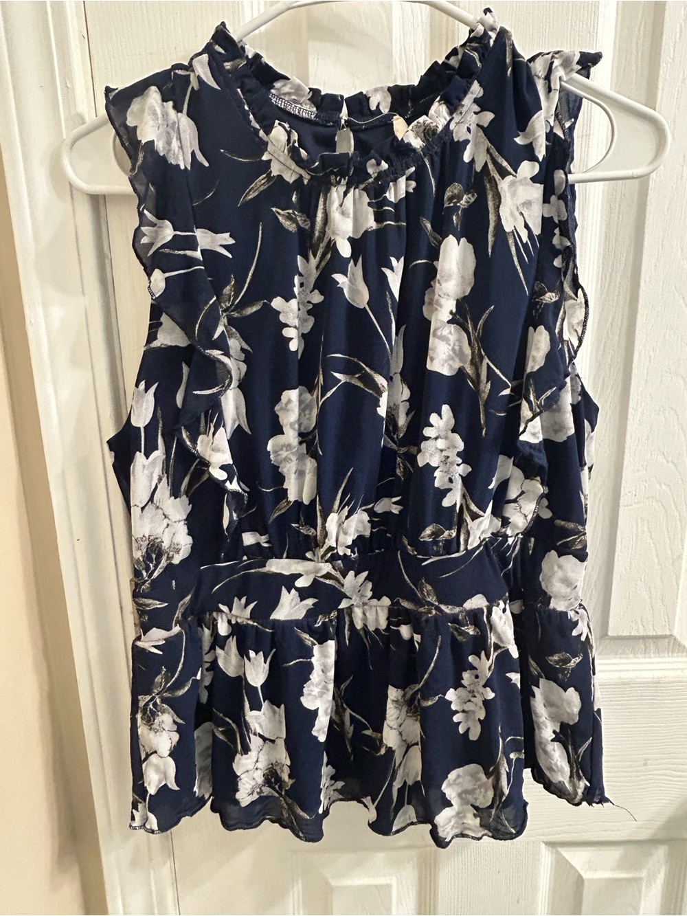 Navy Floral Ruffle-Trim Sleeveless Peplum Camisole